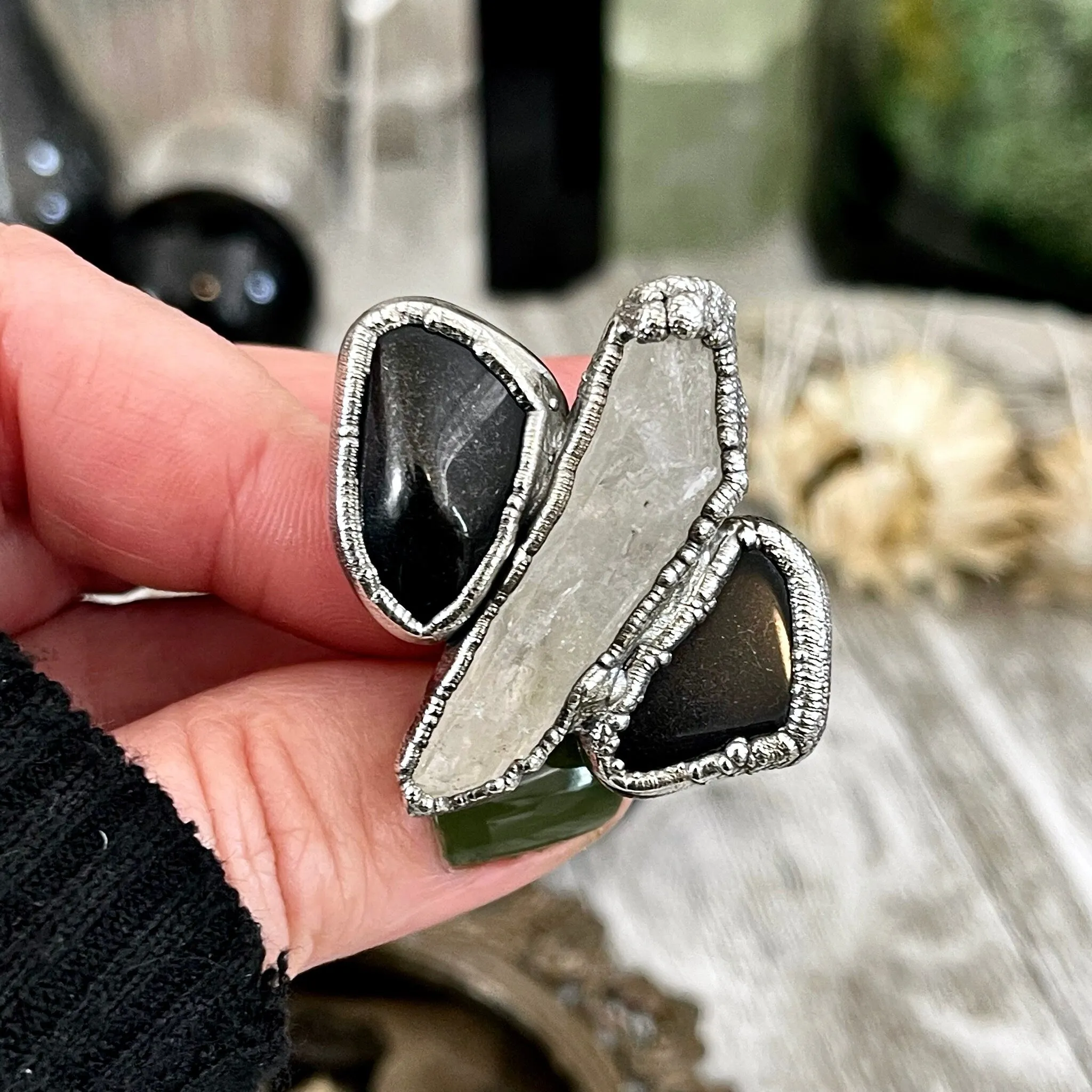 Size 8.5 Crystal Ring - Three Stone Ring Black Onyx Raw Clear Quartz  Silver Ring / Foxlark Collection - One of a Kind