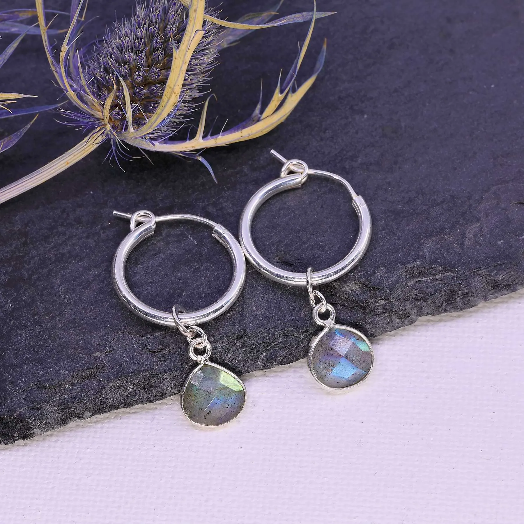 Sky - Mini Silver Hoop Labradorite Earrings