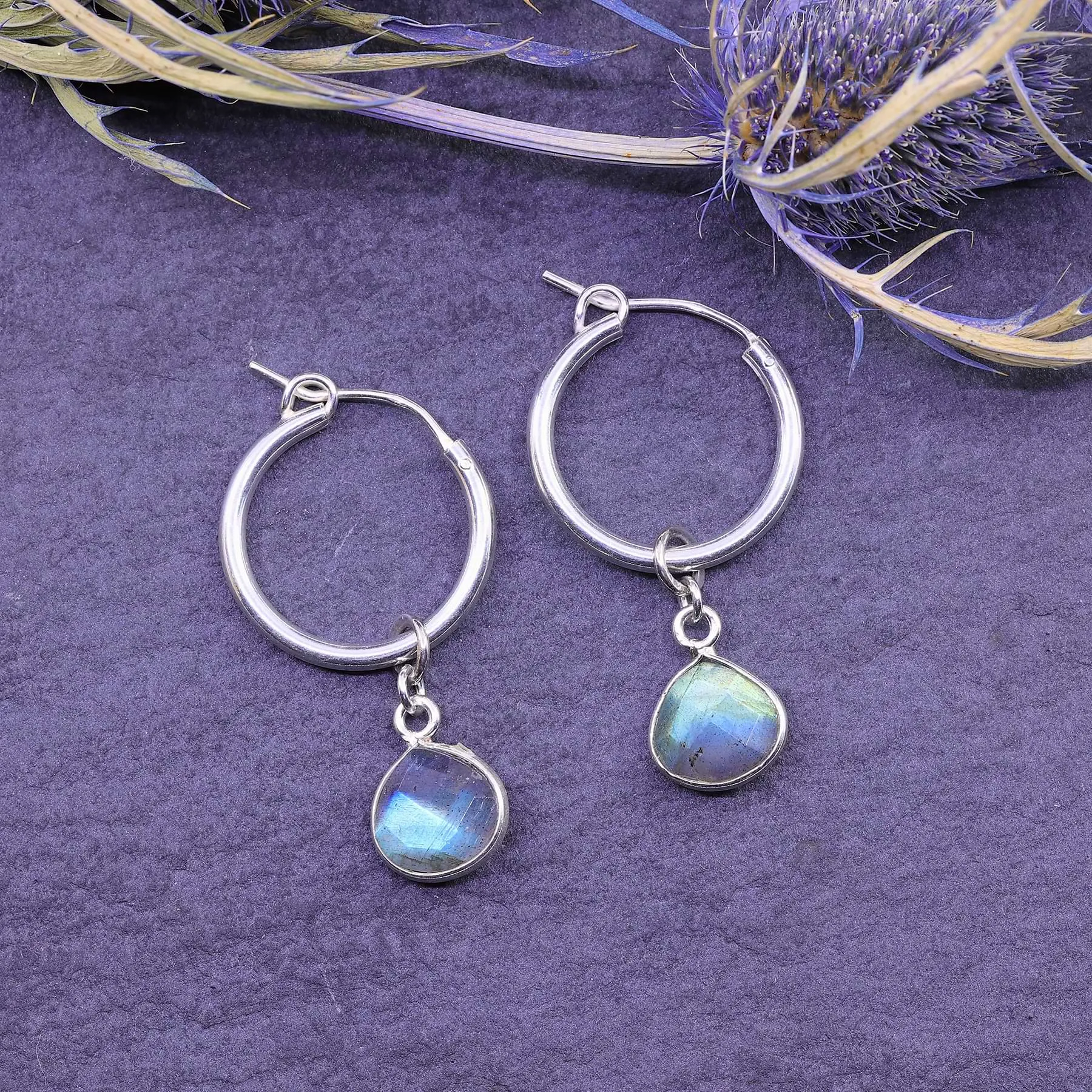 Sky - Mini Silver Hoop Labradorite Earrings