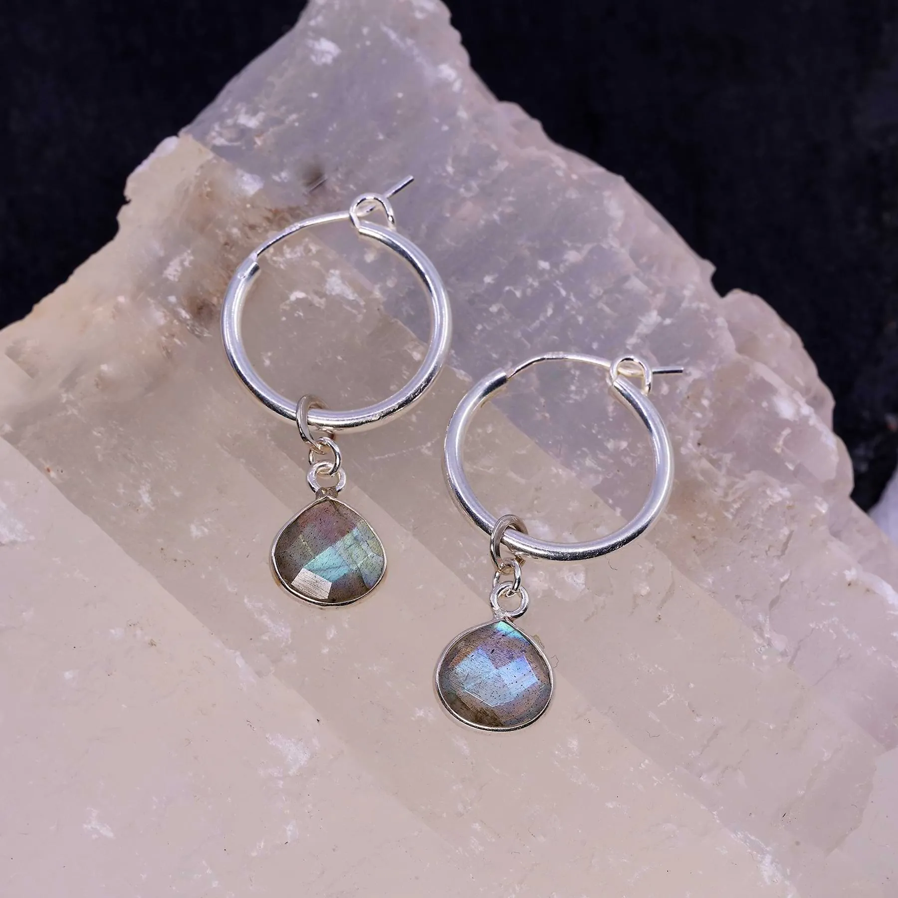 Sky - Mini Silver Hoop Labradorite Earrings