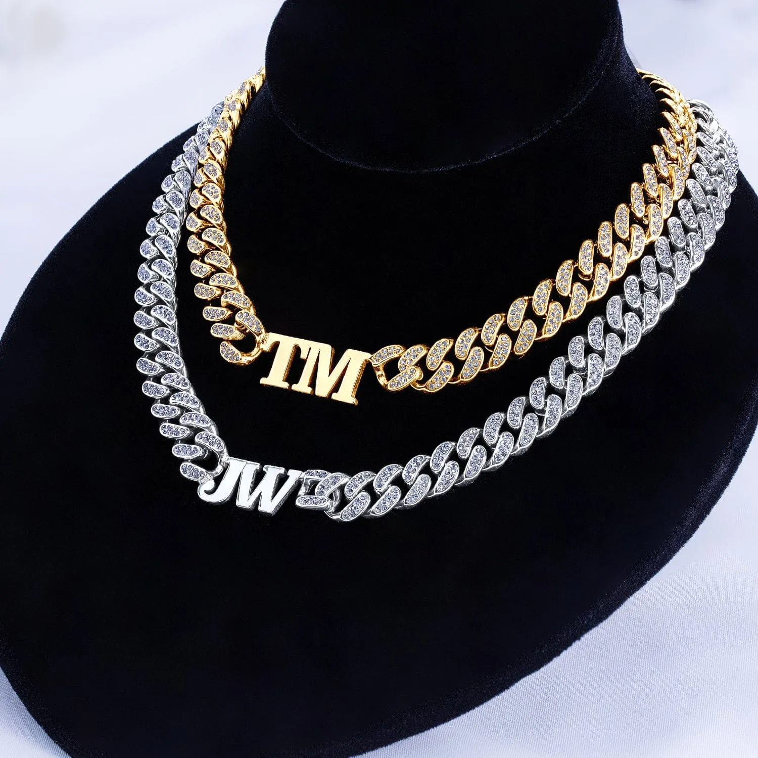 Stainless Steel Iced Out Cuban Chain with 2 Initials Choker