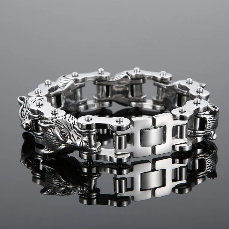 Stainless Steel Multi Row Wolves Biker Chain Bracelet