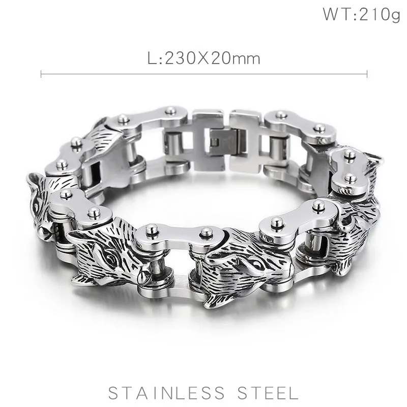 Stainless Steel Multi Row Wolves Biker Chain Bracelet