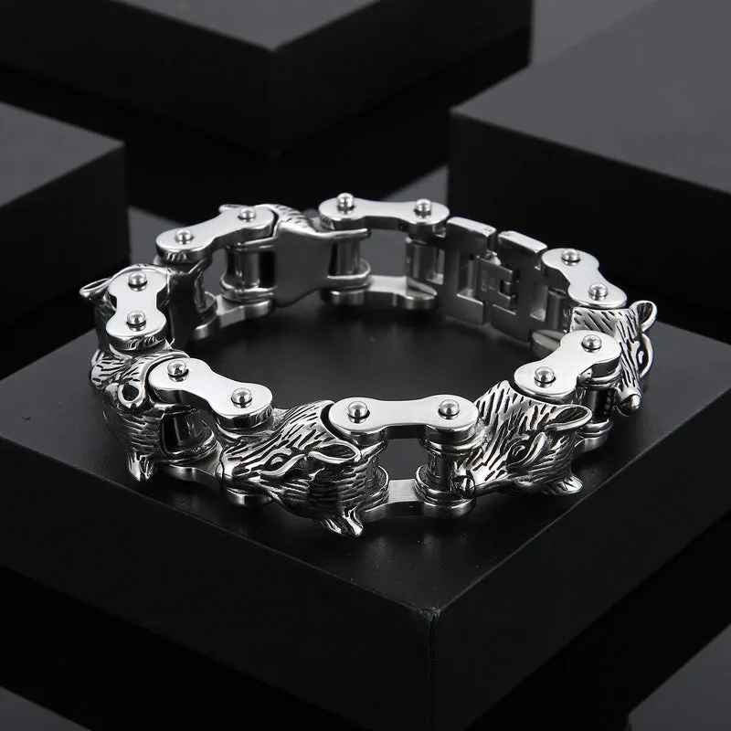 Stainless Steel Multi Row Wolves Biker Chain Bracelet