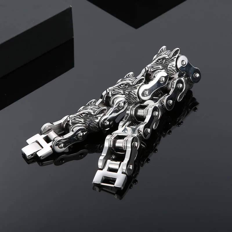 Stainless Steel Multi Row Wolves Biker Chain Bracelet