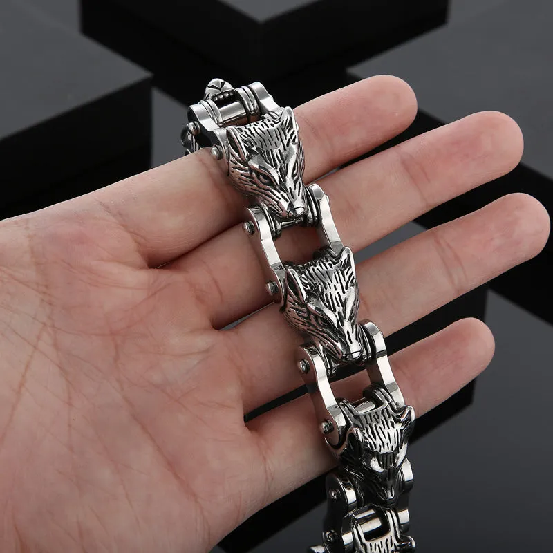 Stainless Steel Multi Row Wolves Biker Chain Bracelet