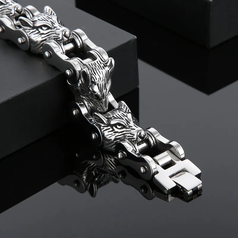 Stainless Steel Multi Row Wolves Biker Chain Bracelet