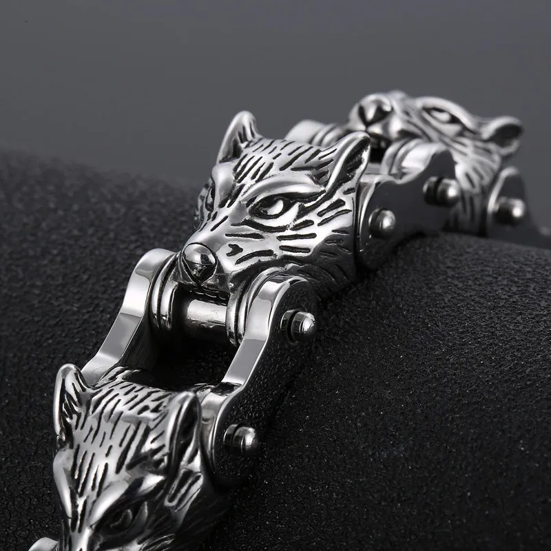 Stainless Steel Multi Row Wolves Biker Chain Bracelet