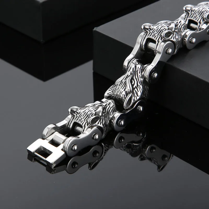 Stainless Steel Multi Row Wolves Biker Chain Bracelet