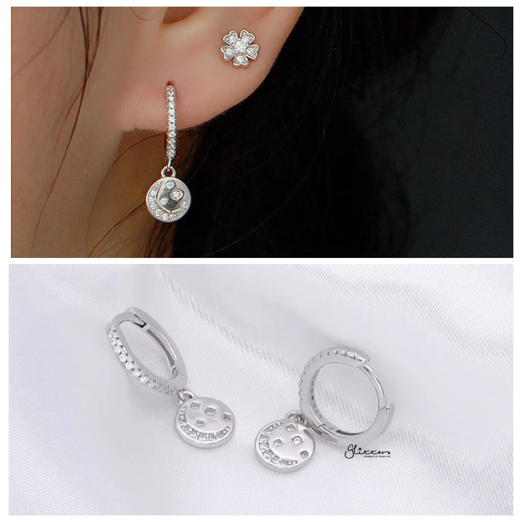 Sterling Silver Huggie Hoop Earrings with Circle Charm - Silver