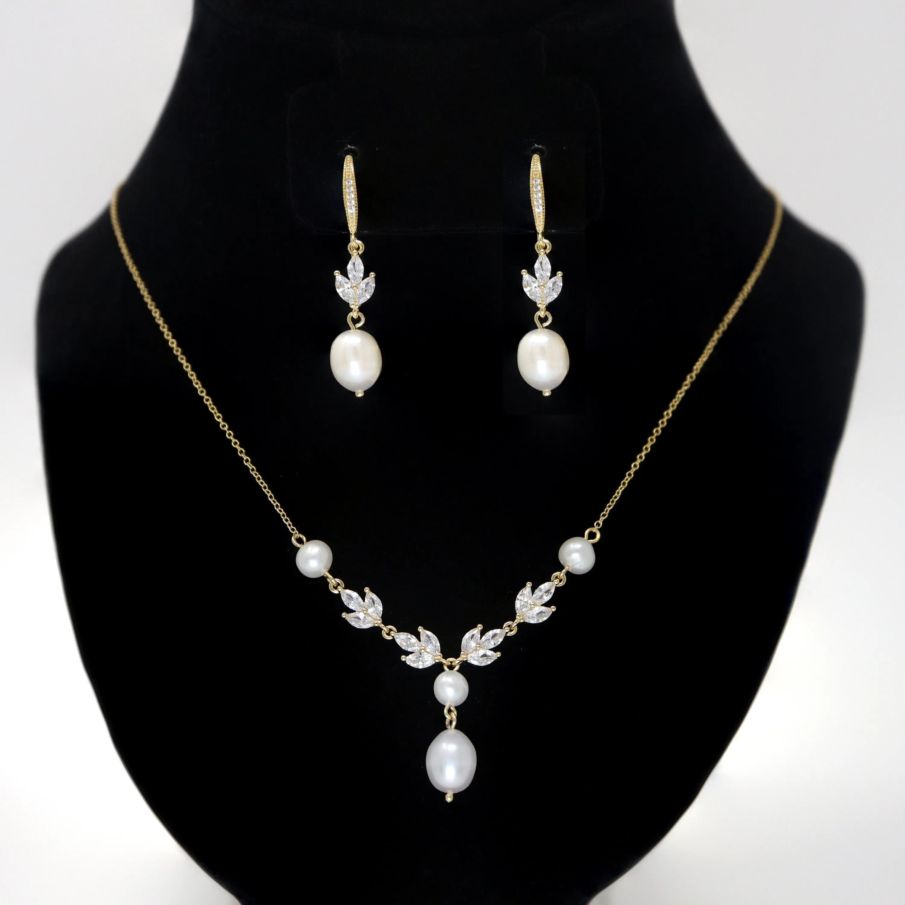 Swarovski Crystal Freshwater Natural Pearl Vine Leaves Necklace Set, Long Bridal Earrings And Necklace, Statement Earrings Cz