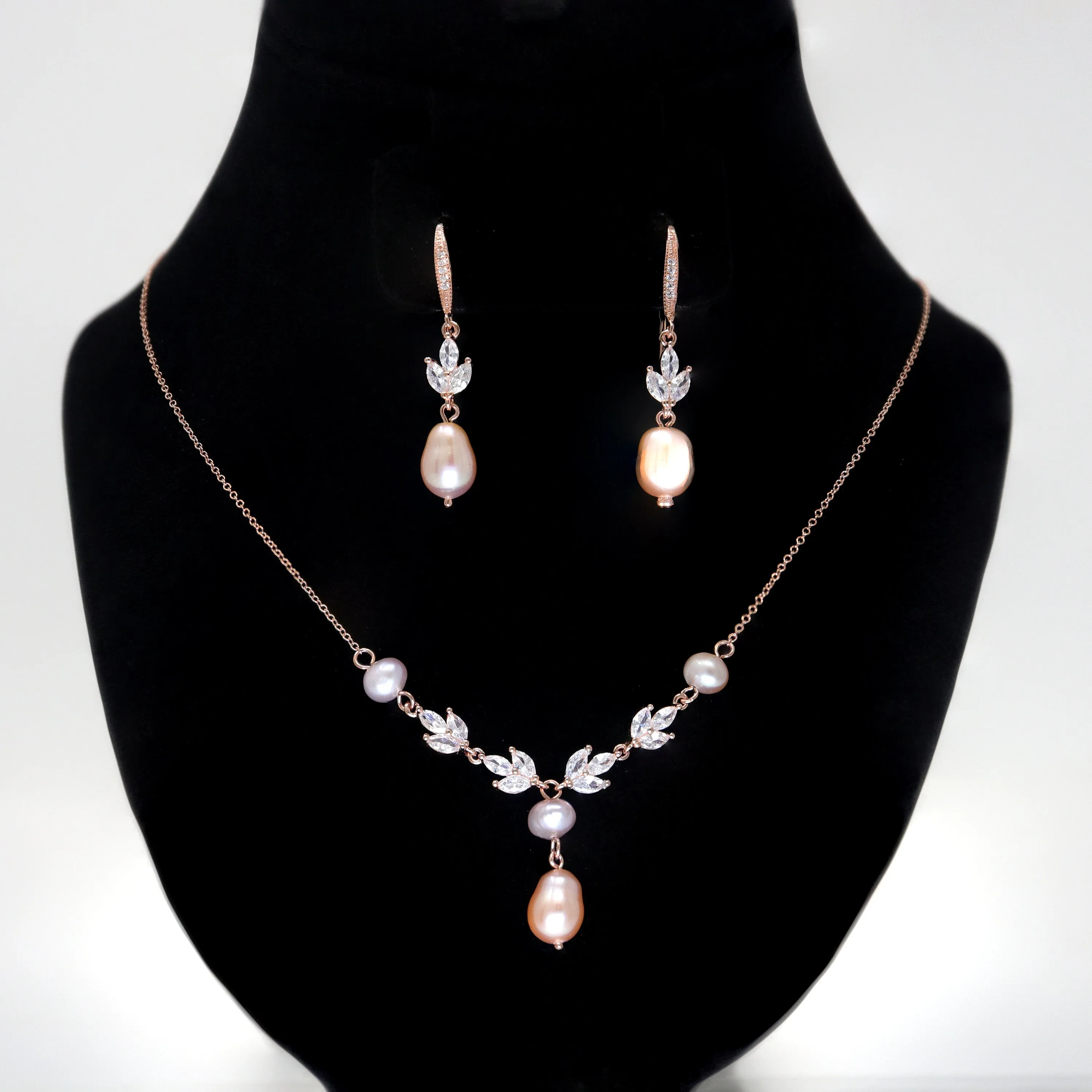 Swarovski Crystal Freshwater Natural Pearl Vine Leaves Necklace Set, Long Bridal Earrings And Necklace, Statement Earrings Cz