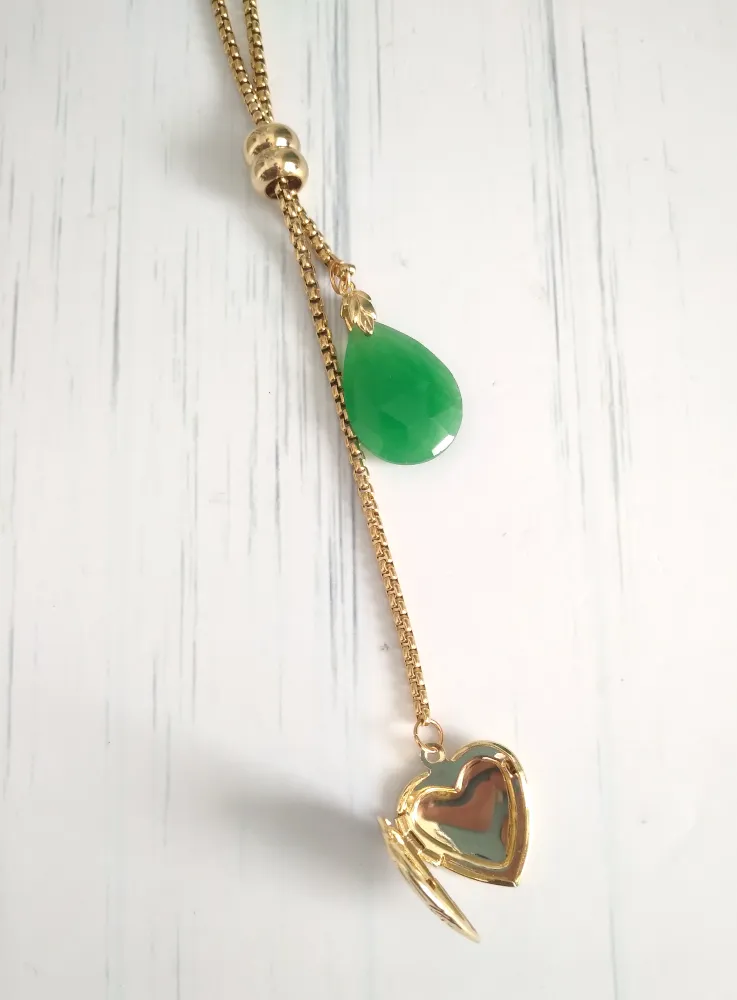 Teardrop Green Jade with Engraved Heart Locket Slider Necklace