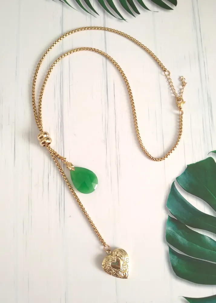 Teardrop Green Jade with Engraved Heart Locket Slider Necklace