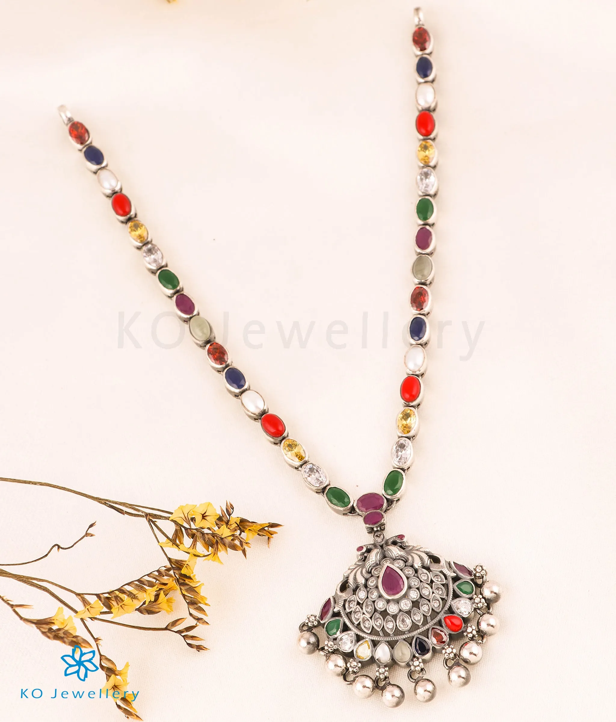 The Nishta Silver Navratna Peacock Necklace (Oxidised)