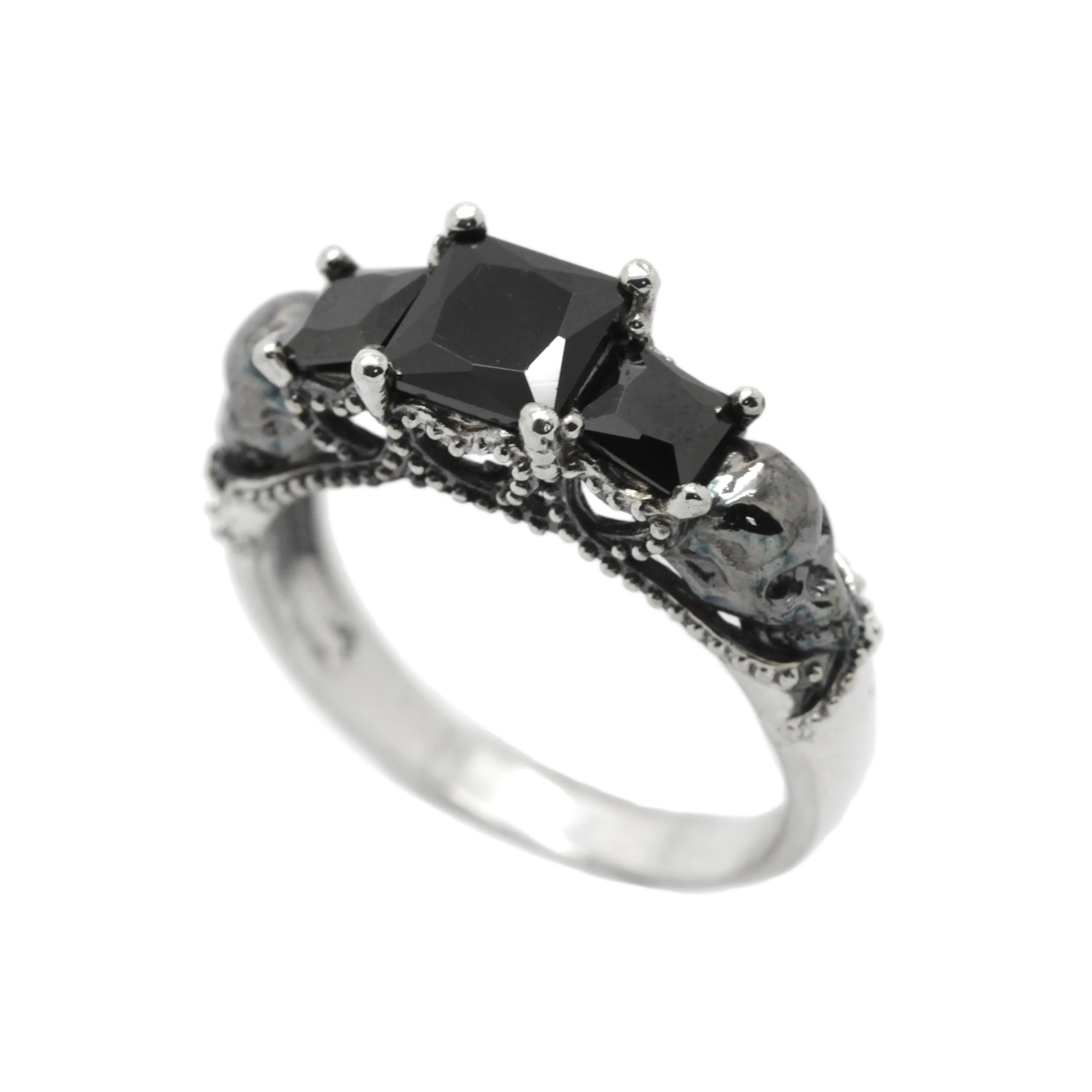 Three Stone Engagement Ring, Black Square Zircons, Gothic Skulls, Skull Wedding ring, Skeleton Simple Ring