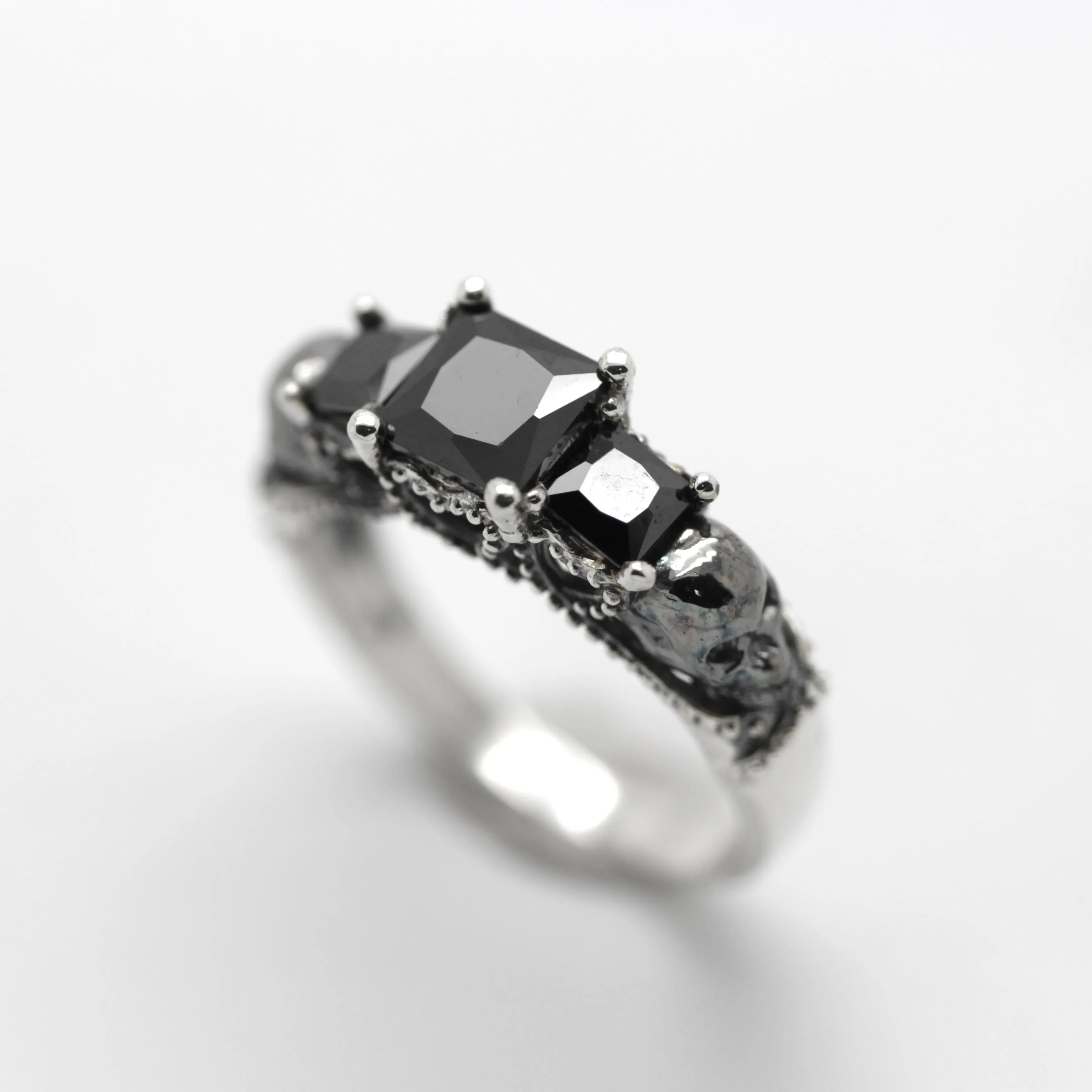 Three Stone Engagement Ring, Black Square Zircons, Gothic Skulls, Skull Wedding ring, Skeleton Simple Ring