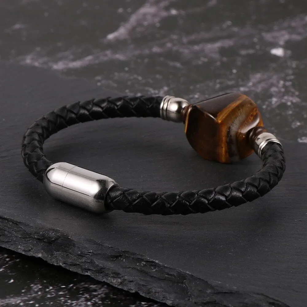 Tiger Eye and other Stones Genuine Leather Stainless Steel Buckle Wristband