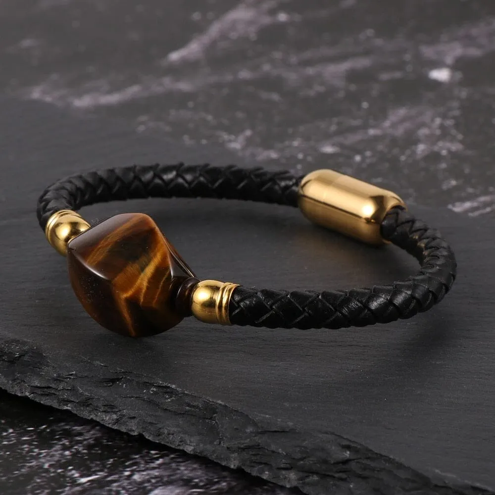 Tiger Eye and other Stones Genuine Leather Stainless Steel Buckle Wristband