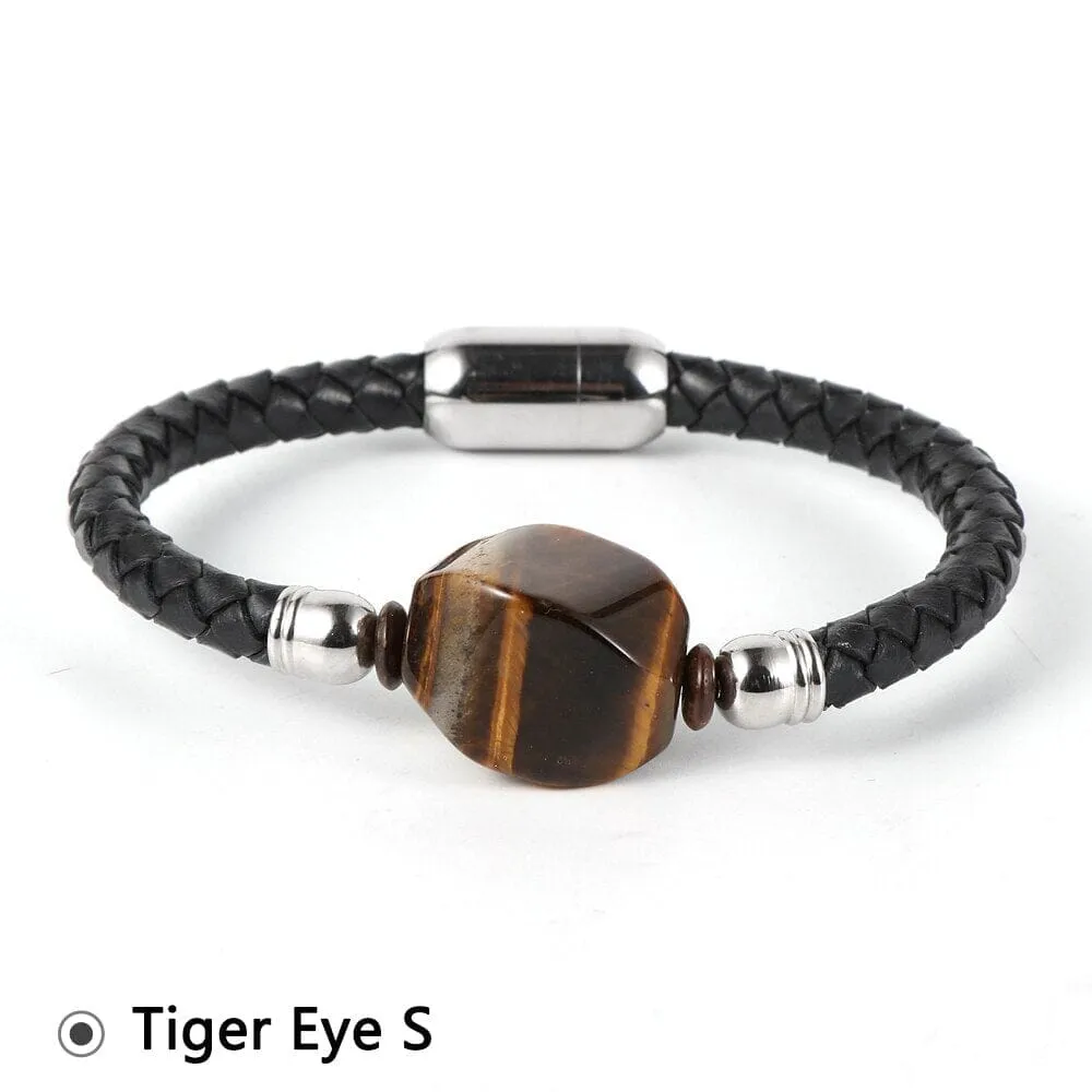 Tiger Eye and other Stones Genuine Leather Stainless Steel Buckle Wristband