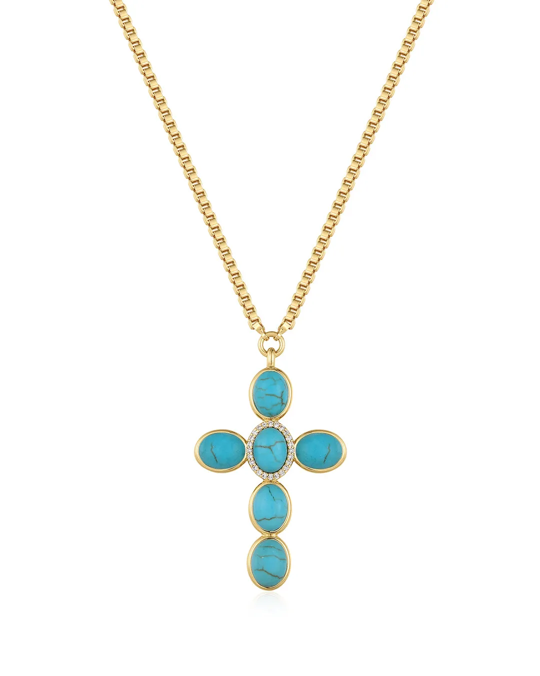 Turquoise Cross Necklace- Gold