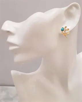 Twin Flower Studs with Turquoise & Pearl