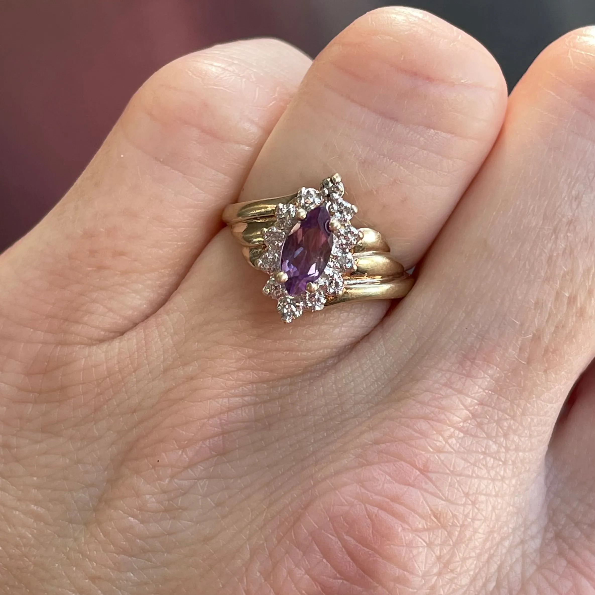 Vintage 10K Gold Amethyst Diamond Halo Ring, Sz 4 3/4