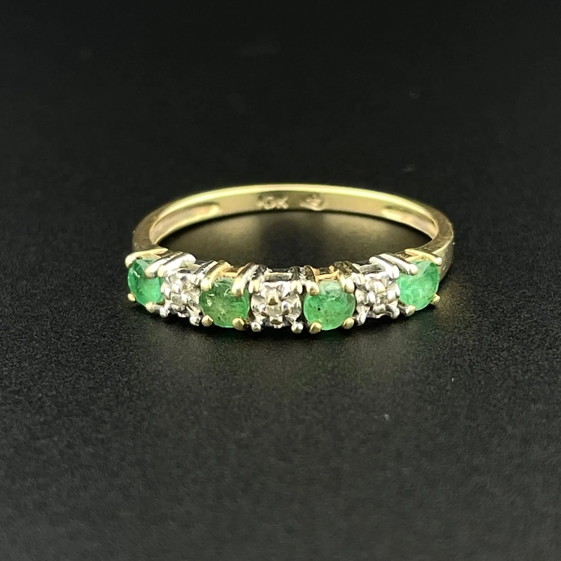 Vintage 10K Gold Diamond Emerald Half Eternity Band Ring, Sz 5 1/2