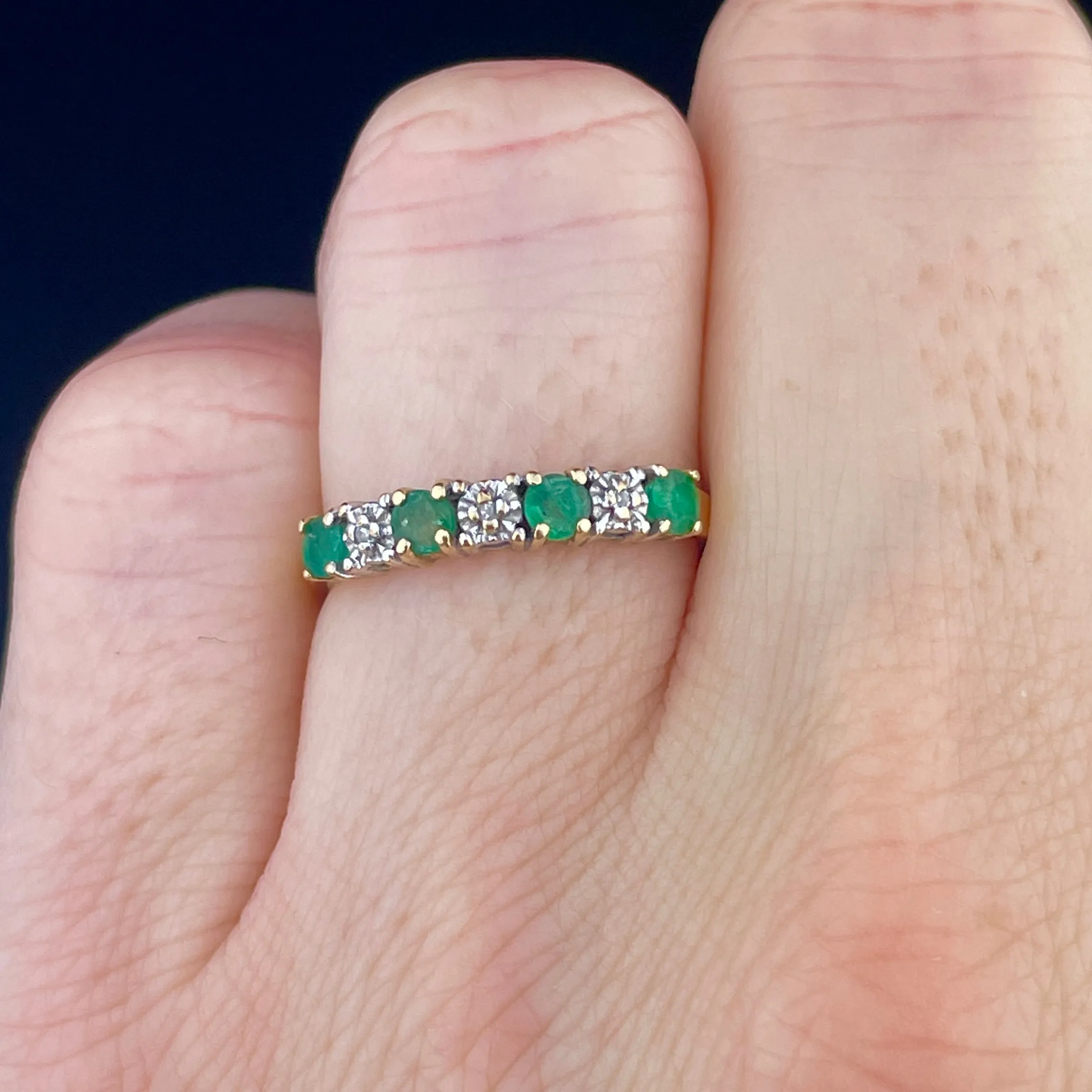 Vintage 10K Gold Diamond Emerald Half Eternity Band Ring, Sz 5 1/2