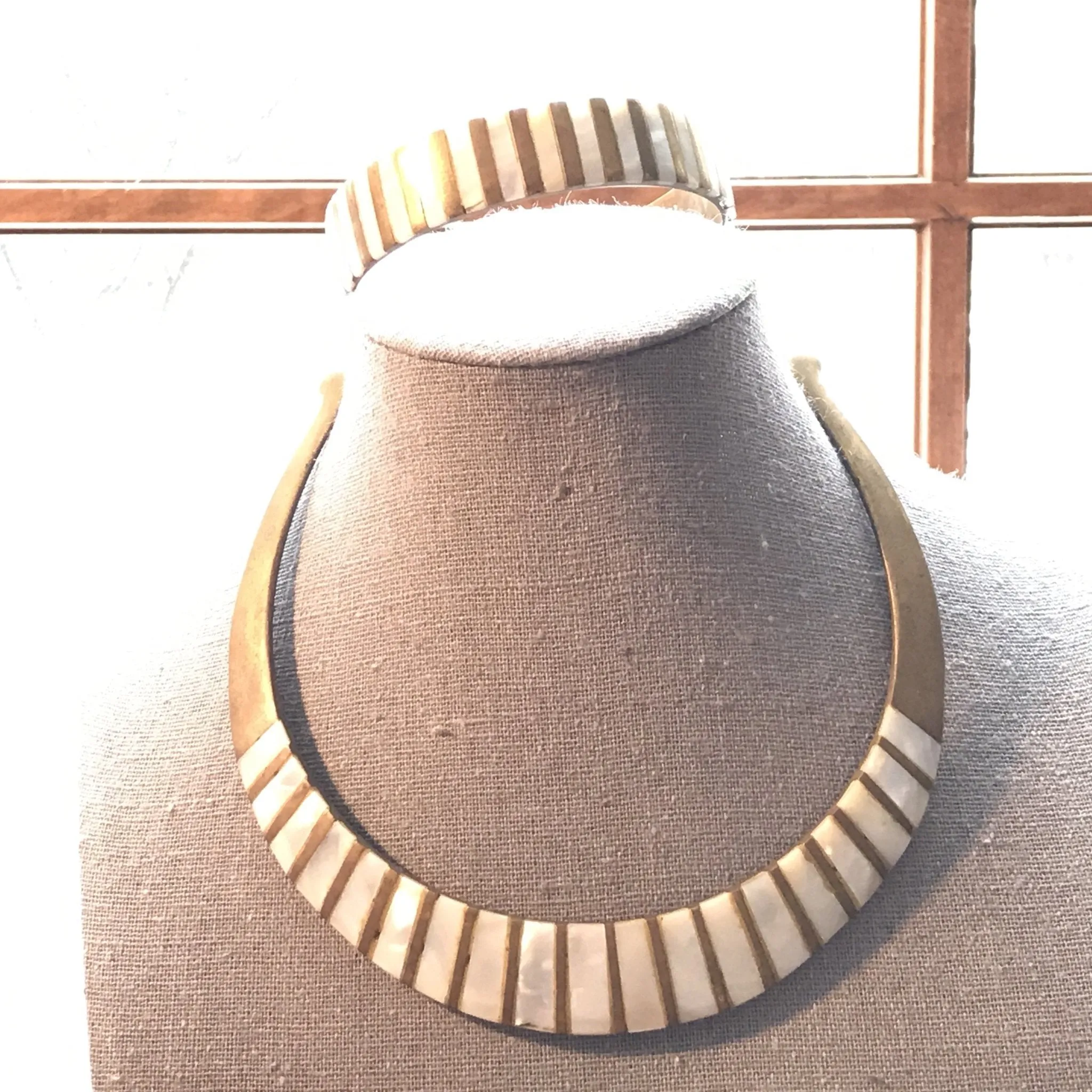 Vintage Brass and Mother of Pearl Collar Choker and Bangle Bracelet.