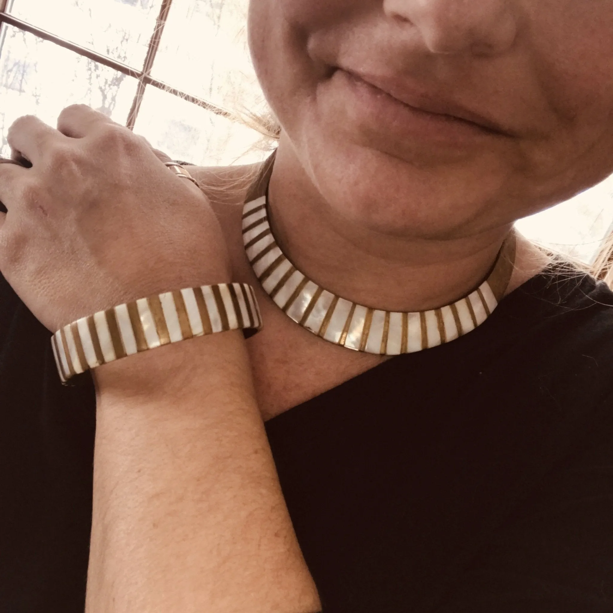 Vintage Brass and Mother of Pearl Collar Choker and Bangle Bracelet.