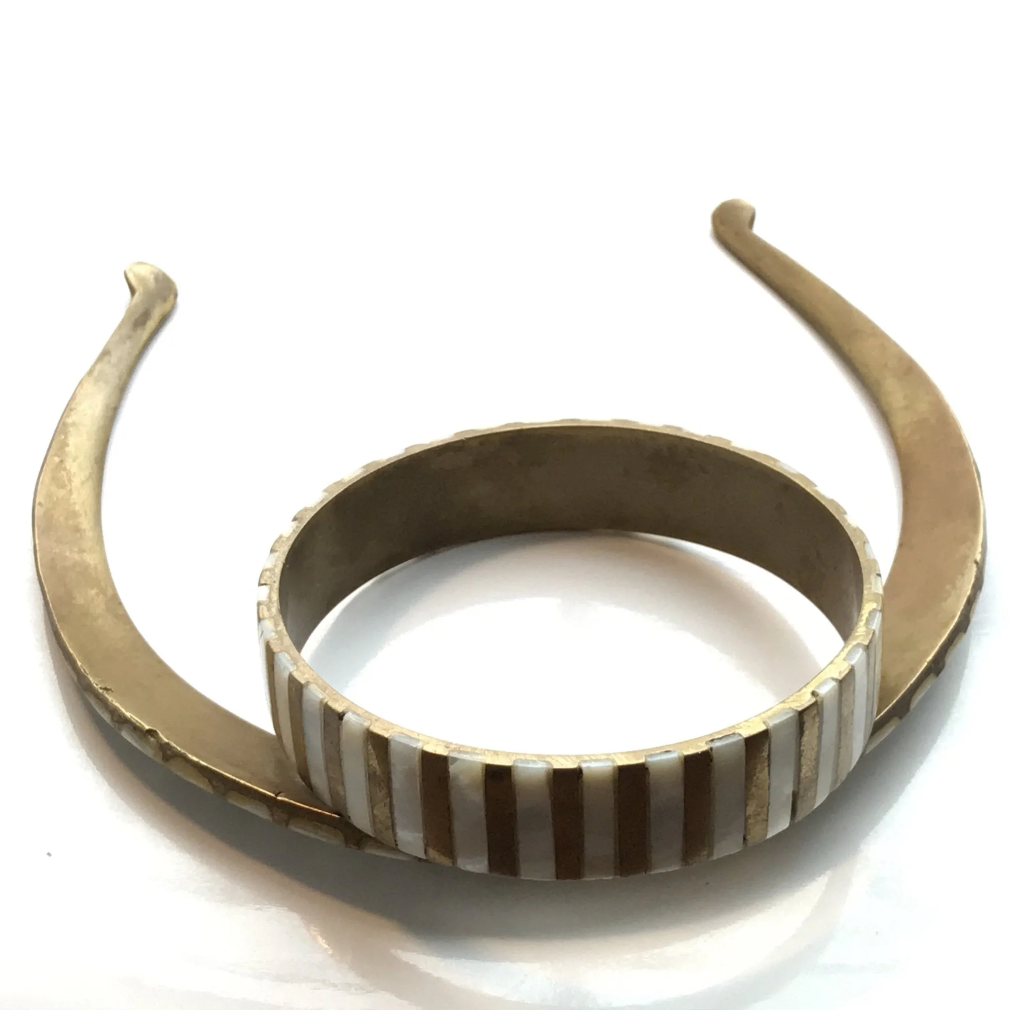 Vintage Brass and Mother of Pearl Collar Choker and Bangle Bracelet.