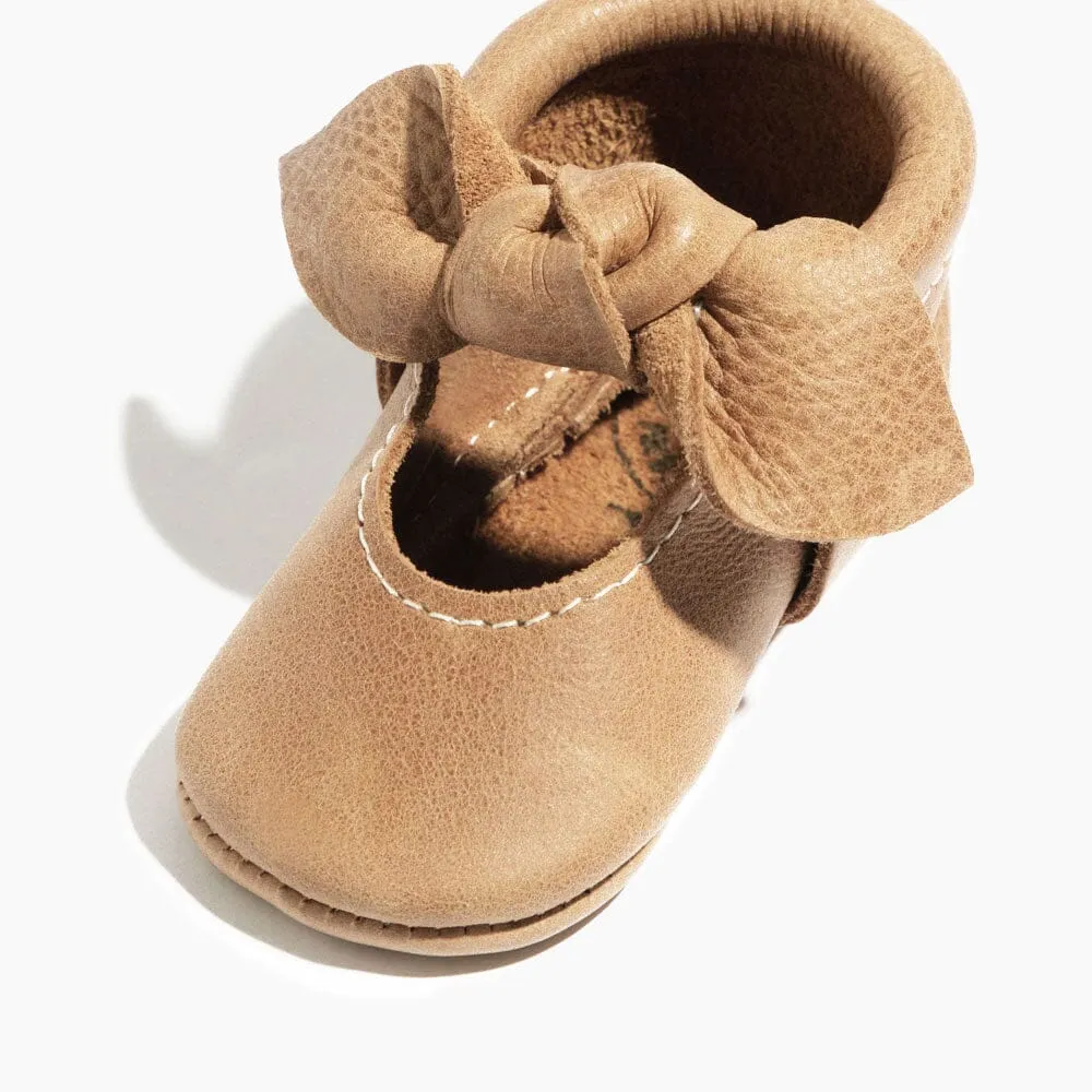 Weathered Brown Knotted Bow Baby Shoe