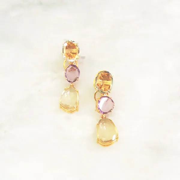 Whiskey Quartz Stud with Amethyst & Lemon Quartz Twinset Earrings